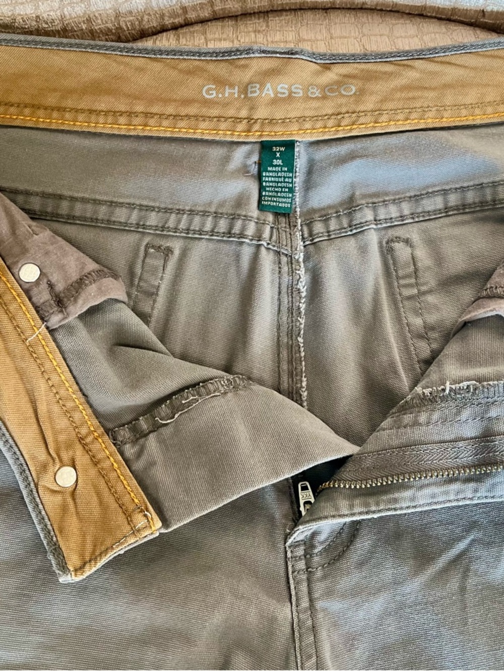 G.H. Bass & Co. Men's Straight Jeans in Olive Green with Tan Waistband